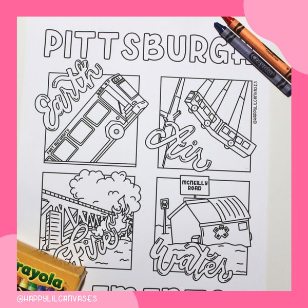 pittsburgh elements coloring page, city of pittsburgh coloring sheet, sinkhole bus gift idea, PGH yinzer digital download yinz instant print