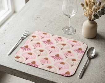 Mantel individual de cuero con estampado de equinácea rosa / Decoración floral para mesa