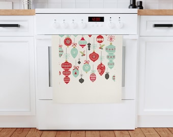Retro Christmas Ornaments Tea Towel | Holiday Kitchen Decor