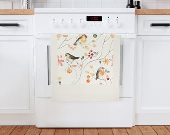 Organic Watercolor Songbirds Cotton Tea Towel | Autumn Berries Kitchen Linen-Housewarming Gift