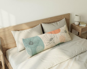 Almohada corporal moderna con diseño floral lineal / Flores abstractas en tonos pastel, almohada decorativa larga