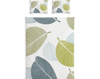 Botanical Leaf Pattern Cotton Bed Set | Green Blue Leaves Duvet Cover and Shams