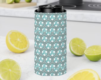 Aqua Geometric Pattern Can Cooler | Teal Hexagon Drink Koozie
