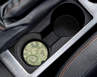Gift for Her-Green Paisley Soapstone Car Coaster | Round Drink Holder