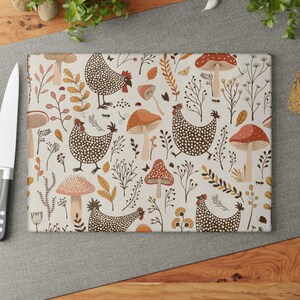 Hand-Drawn Chickens and Mushrooms Glass Cutting Board | Farmhouse Kitchen