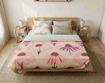 Funda nórdica de algodón con estampado floral de equinácea rosa / Estampado botánico bohemio