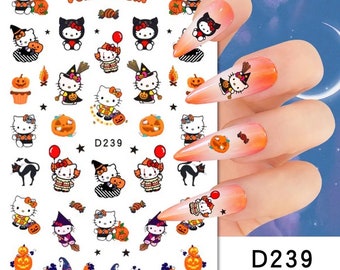 Kawaii Kitty Halloween Nail Stickers - Fall Girl, Witch, Clown, Trick-or-Treater, and Bat Nails