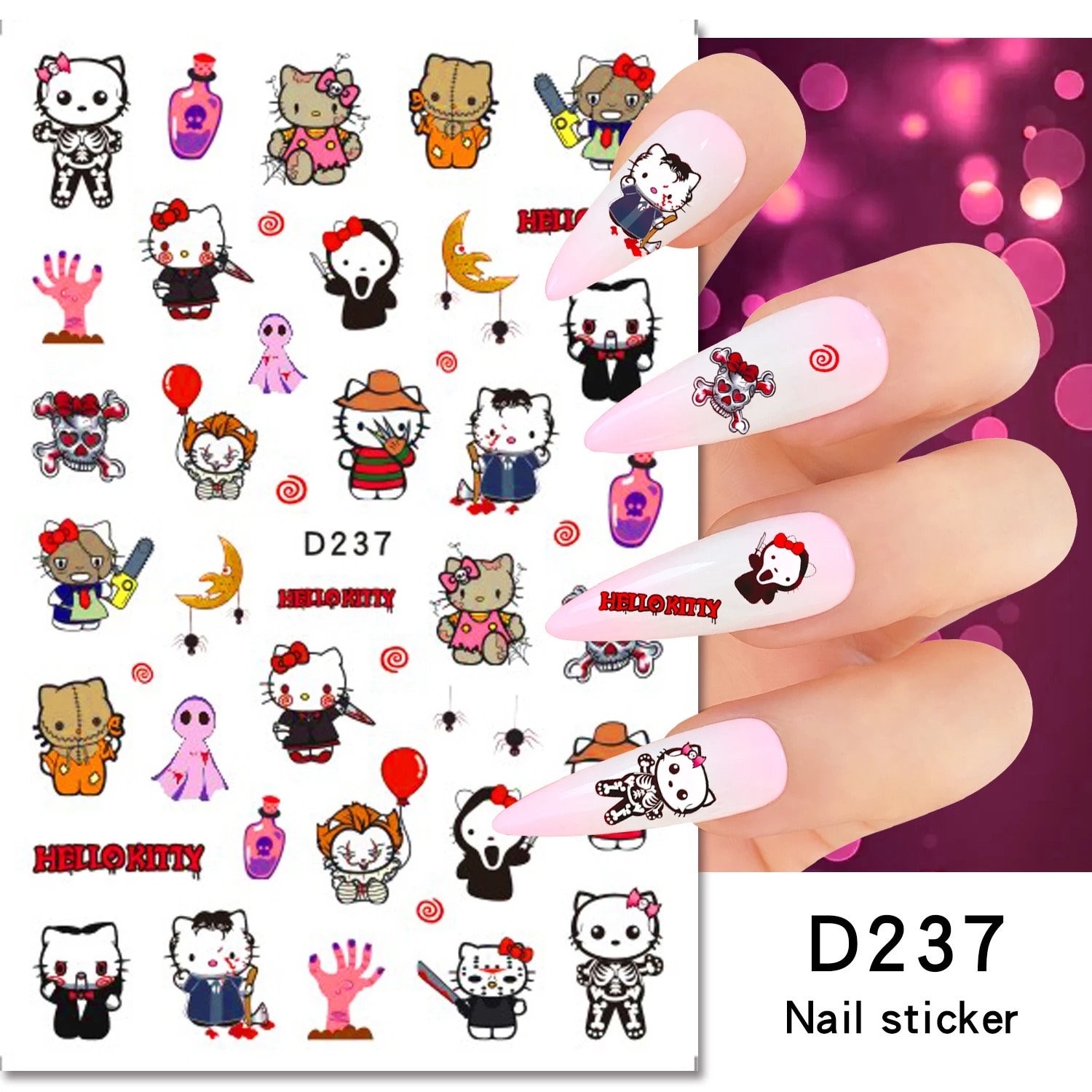 Kawaii Kitty Halloween Horror Movie Sticker Set - Jigsaw, Freddy, Pennywise, and More!
