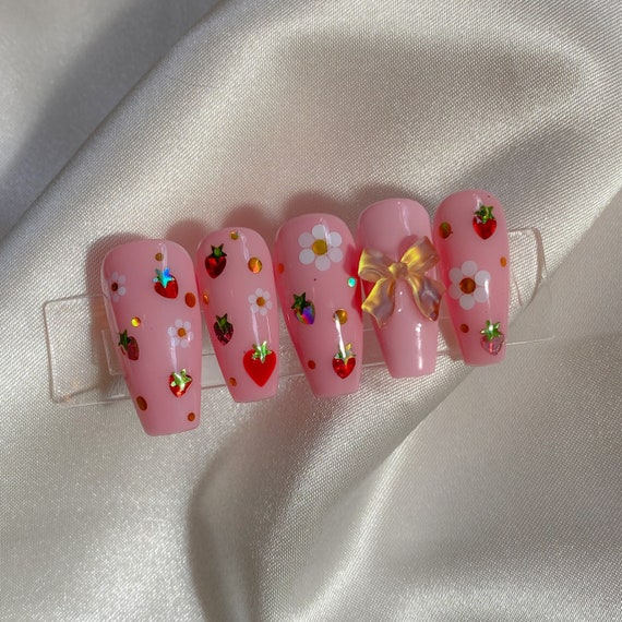 Kawaii Nails/pink Strawberry Fields Press on Nails/glue on - Etsy