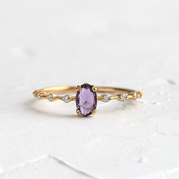 Vintage Amethyst Engagement Ring, Amethyst Ring For Women, 14k Gold Minimalist Ring, Raw Stone Ring, Gift For Her, Valentines Day Gift
