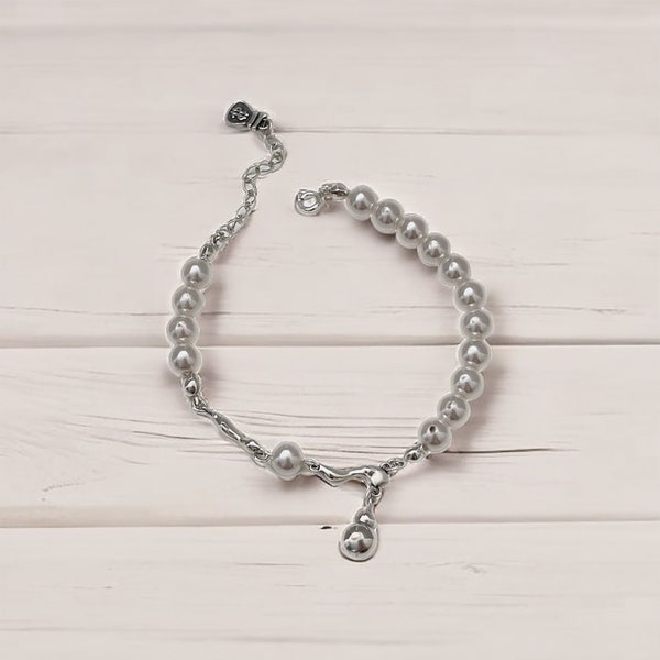 White Freshwater Pearl Bracelet, 925 Sterling Silver Spacer Bracelet. Hypoallergenic, Nickel-free, Adjustable Size