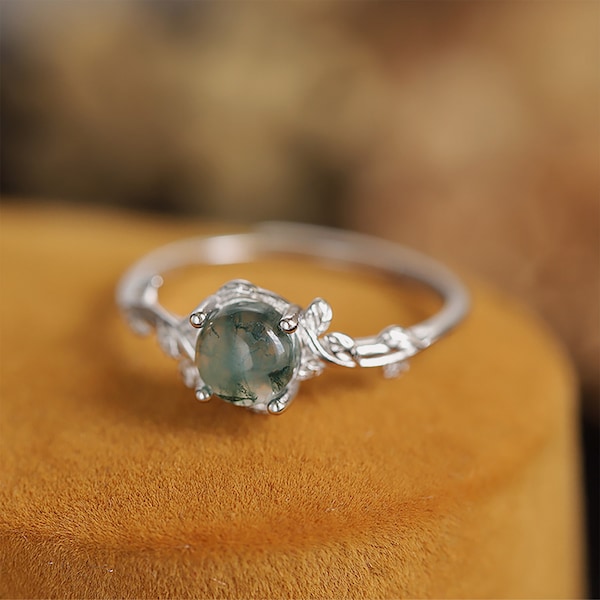 Moosachat Ring Verlobungsring, Blattring Vintage, Zarte Ring Runde Form, 925 Sterling Silber Verlobungsring Zweig, Stapelbarer Ring.