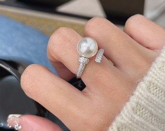 Anello con perla in argento sterling S925 per donna, anello aperto con zirconi, gioielli con perle coltivate d'acqua dolce, anello per proposta di matrimonio per lei