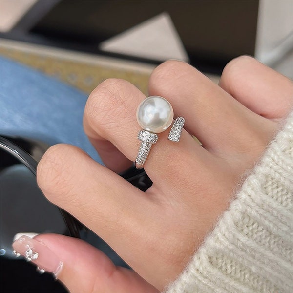 S925 Sterling Silver Pearl Ring for Women, Zircon Open Ring,Freshwater Cultured  Pearl Jewelry, Wedding Proposal Ring for Her