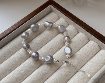 Pulsera ajustable de perlas de agua dulce, pulsera de perlas barrocas espaciadas en blanco puro gris plateado, perla de brillo de plata de ley 925, regalo único