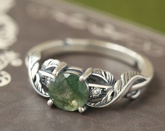 Moss Agate Ring Engagement Ring, Leaf Ring Vintage ,Delicate Ring Round Shaped, 925 Sterling Silver Engagement Branch Ring ,Stackable Ring.