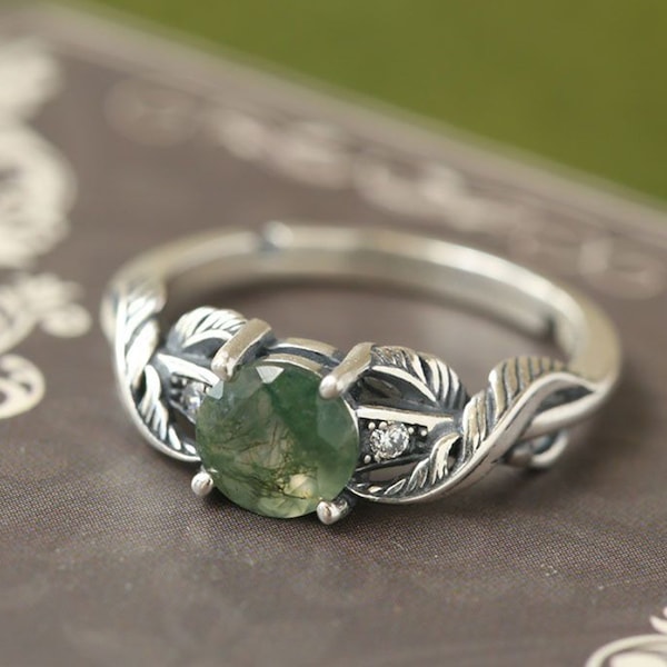 Moss Agate Ring Engagement Ring, Leaf Ring Vintage ,Delicate Ring Round Shaped, 925 Sterling Silver Engagement Branch Ring ,Stackable Ring.