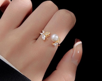 Anillo de perlas de agua dulce de plata de ley 925, anillo de mariposa de oro de 14K, joyería minimalista con cuentas de perlas, regalo para novia, joyería de mujer