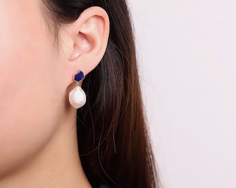 925 Sterling Silver Baroque Pearl Earrings, Baroque Pearls Lapis Lazuli Earrings,Modern Design Earrings, Long Dangle Drop Earring