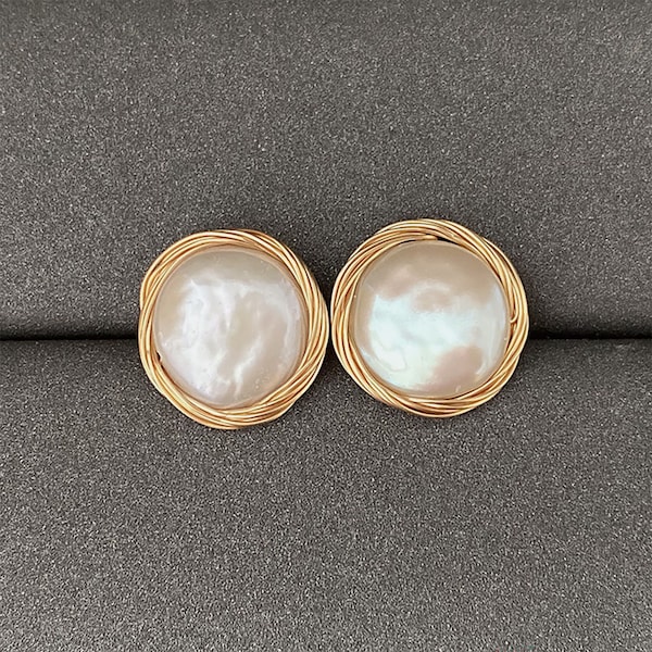 Freshwater Baroque Button Pearl Earrings, Diameter 16-18mm 14K Gold Wire wound earrings, S925 Silver Needle French Retro Earrings