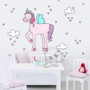 Unicorn-Applique wall-decoration child room, repositionable-Sticker-cloud heart-wall stickers-vinyl-mural-princess horse image 1