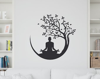 Tree and ZEN MAN in Yoga position, Wall applied, Wall adhesive vinyl, decoration