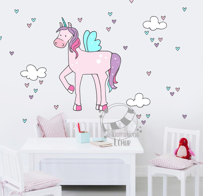 Unicorn-Applique wall-decoration child room, repositionable-Sticker-cloud heart-wall stickers-vinyl-mural-princess horse image 1