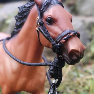 May include: A brown horse wearing a black leather halter and a black rope halter with a white and black tassel. The horse is standing in a grassy area.