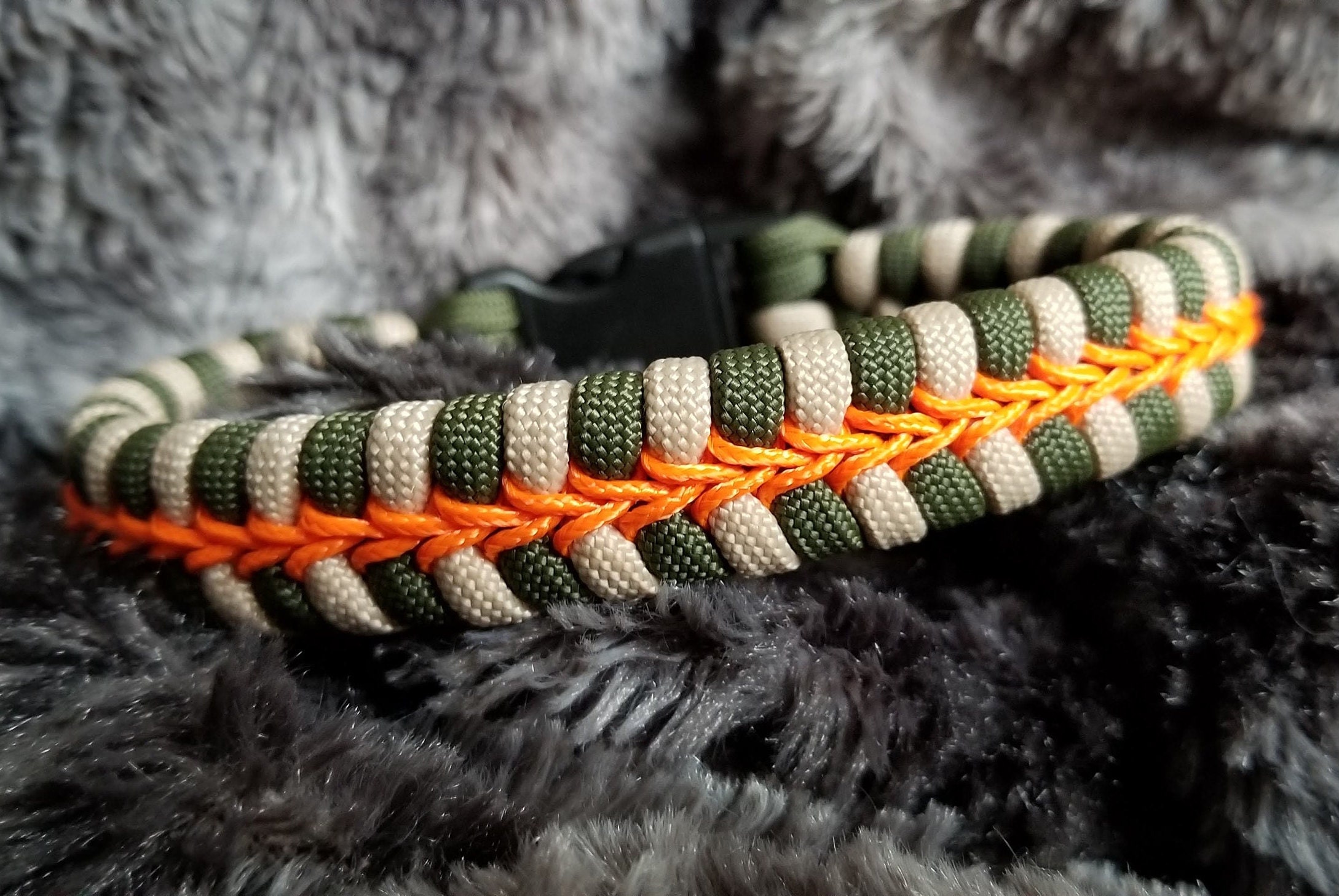 Let's Go Hunting- Tan and Foliage OD Green Hunter Orange Micro Cord Stitched 550 Paracord Bracelet Cuff Handmade in USA
