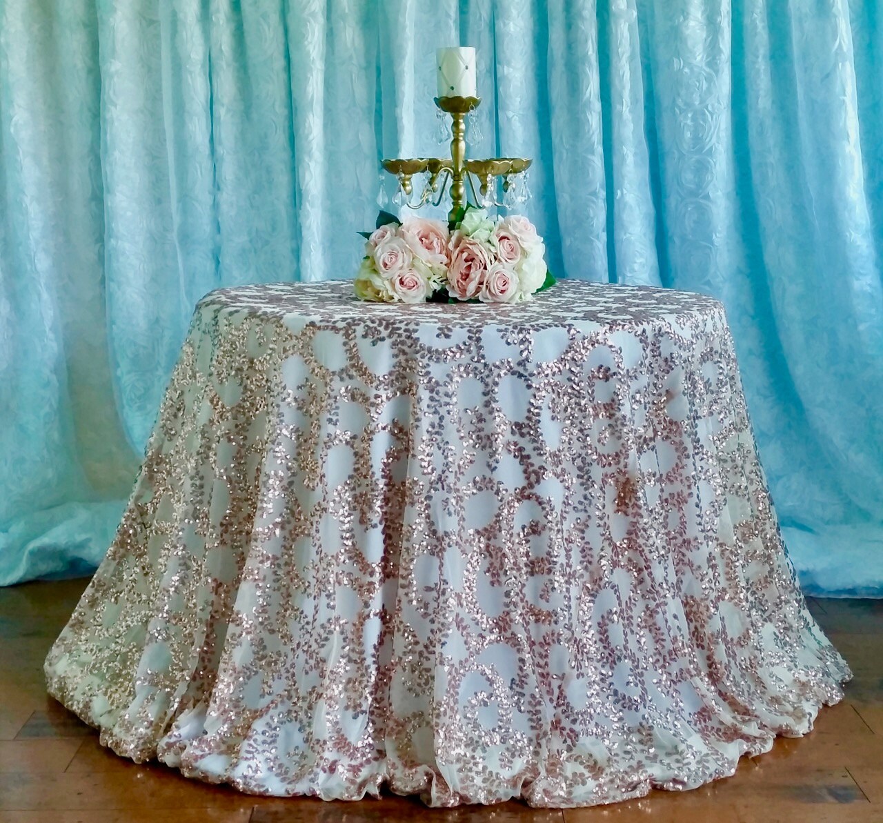 Rose Gold Sequin Tablecloth, Sequin Vine Tablecloth, Rose Gold Swirl