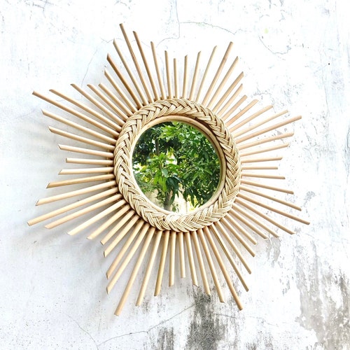 Rattan Round Double Frame Mirror Black Frame Handwoven Rattan Etsy