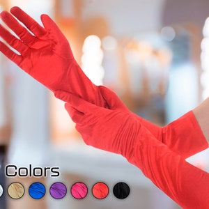 21-inch Long Red Gloves | Satin Opera Gloves | Evening Gloves | Party Gloves | Prom Gloves | Wedding Gloves