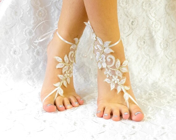Ivory Beach Wedding Lace Barefoot Sandles, wedding shoes lace for bride, beach wedding barefoot shoes, beach anklets