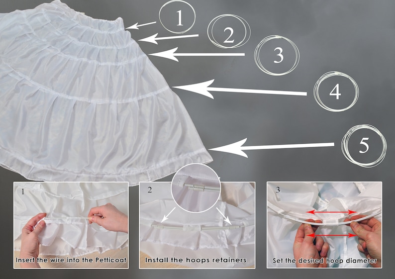 May include: A white petticoat with multiple layers and a wire hoop system. The image shows how to insert the wire into the petticoat, install the hoop retainers, and set the desired hoop diameter.
