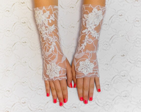 White fingerless gloves with lacing, wedding gloves, bridal gloves, evening gloves prom gloves Wedding Bridal Accessories 01