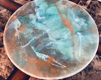 Beautiful 18 inch acacia wood lazy susan with epoxy resin design. Gold, teal, gray and white. Smooth turning motion. French Country look.