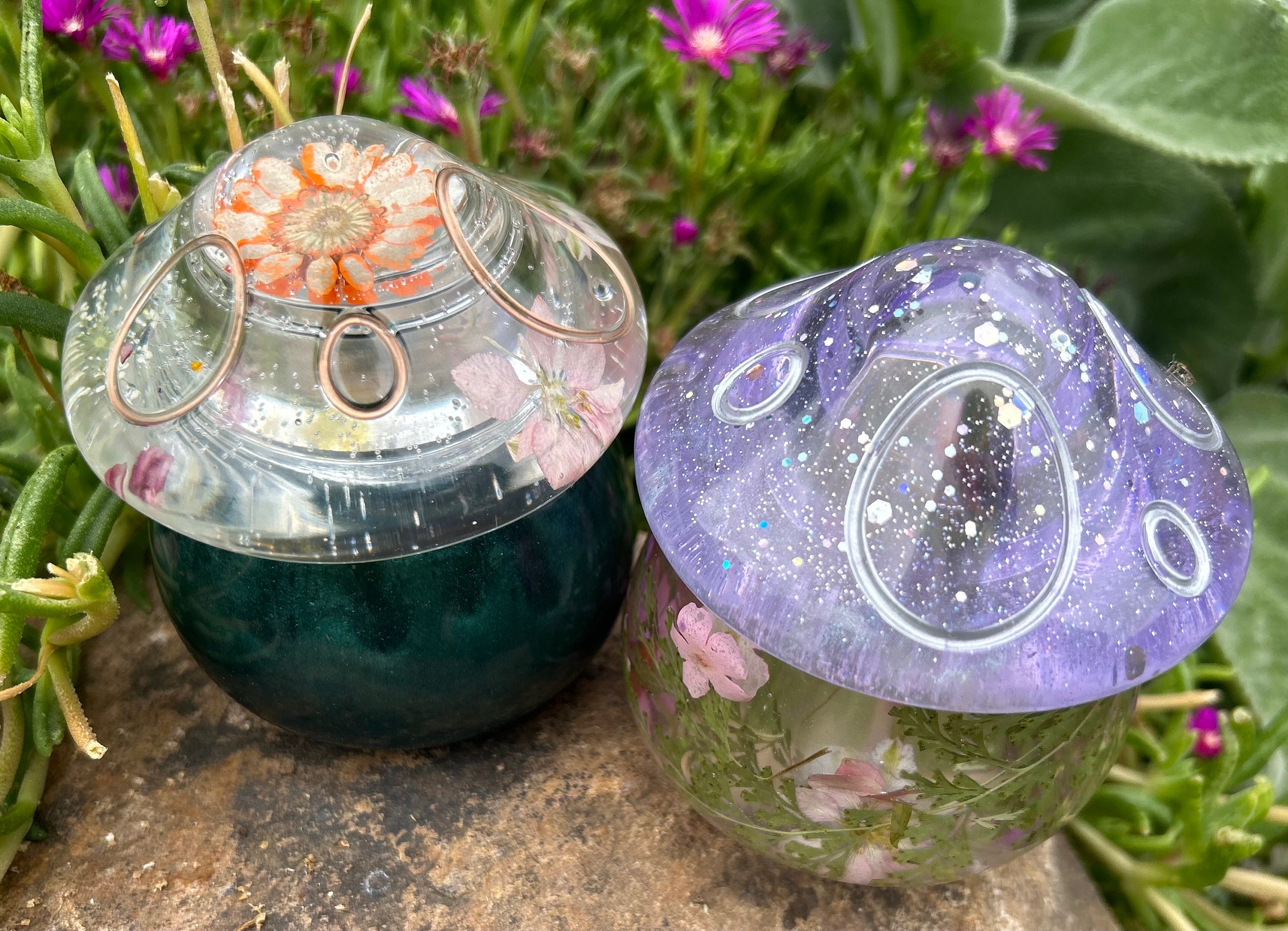 Resin Mushroom Jars, customizable colors. Very useful as well as decorative. Great for storing jewelry, hair ties, keys, paper clips, etc.