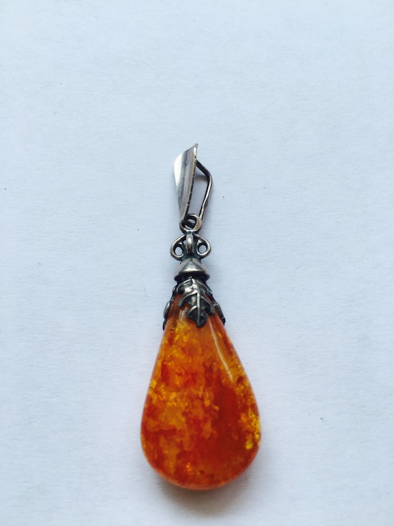 Antique Sterling Silver Amber Pendant - image 1