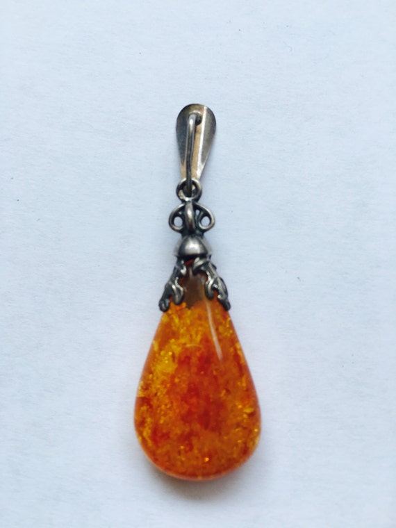 Antique Sterling Silver Amber Pendant - image 2