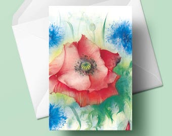 2 x Poppy Greeting Card – Set of 2 pieces with envelope – Watercolor, painted by Klaus Meyer-Gasters, 4,5 x 6,7 inches