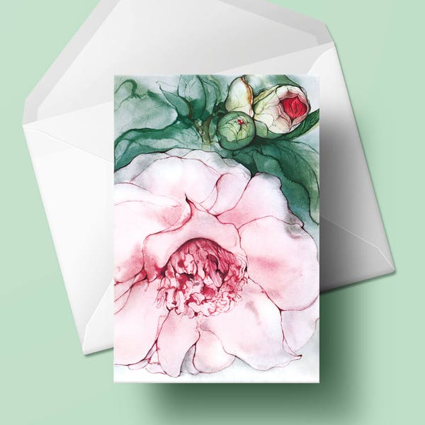 2 x Camellia Greeting Card – Set of 2 pieces with envelope – Watercolor, painted by Klaus Meyer-Gasters, 4,5 x 6,7 inches