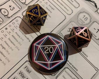 3D Style D20 Dice Badge Pin 38mm