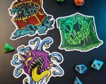 Triple threat monster stickers: Beholder, Mimic and Gelatinous Cube 10cm set of 3