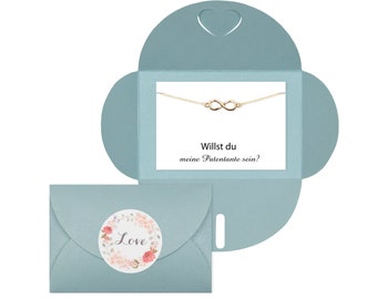 Lillyville Patentante fragen mit Infinity Armband Gold und Umschlag Hellblau - Willst du meine Patentante sein