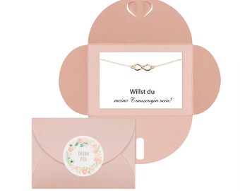 Willst Du meine Trauzeugin sein, personalisierte Karte mit Infinity gold Armband (silber oder rosegold), rosa Verpackung Sticker, Geschenk