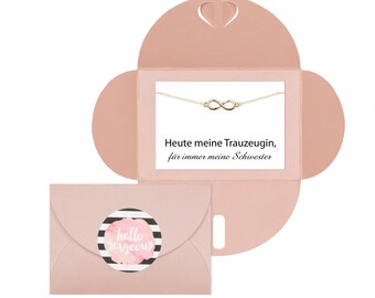 Trauzeugin und Schwester, Infinity Armband in silber, gold oder roségold, Umschlag in rosa, Hello Gorgeous Sticker, Hochzeit, Trauzeugin