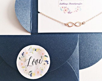 Brautjungfer Geschenk, personalisierter Text, Infinity Armband rose, Love Sticker, Überraschung, Dankeschön, Hochzeit, Deko