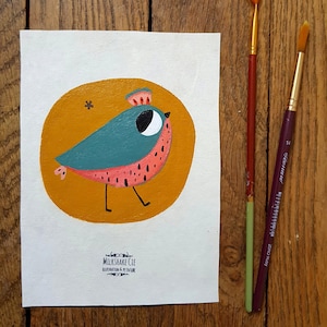 Original painting, watermelon bird, colorful, illustration on paper, cute drawing, acrylic, to hang