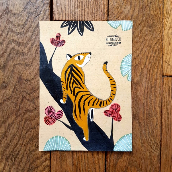 Peinture originale, sur papier; Tigre, jungle, exotique, tropicale, Inde, Bengale, félin, illustration animal, dessin, pièce unique