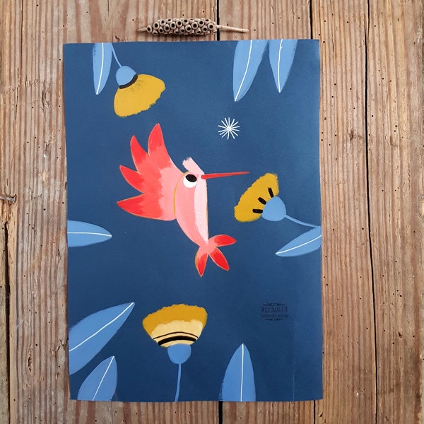 Peinture originale sur papier, bleu canard, pièce unique, illustration, oiseau rose, corail colibri, exotique, tropicale